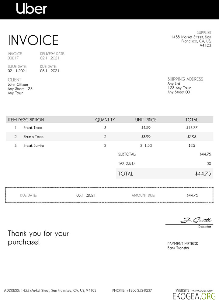 Modèle de facture Uber aux États , Unis